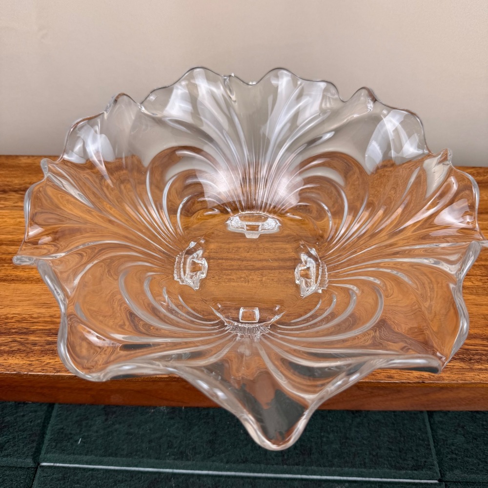 Cambridge Caprice Clear Glass 10 Inch Scalloped Ruffled Four Footed Bowl Vintage